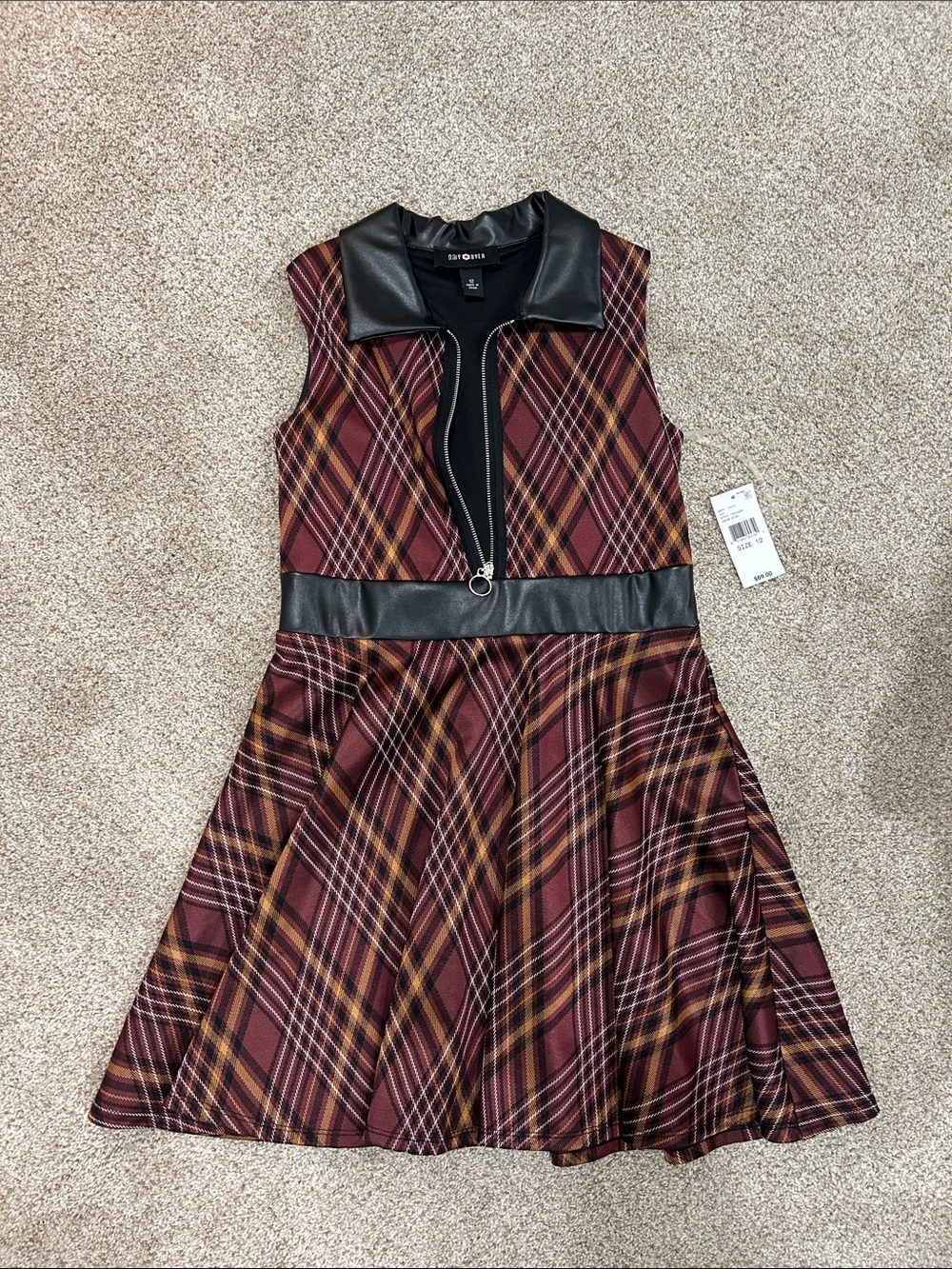 Amy Byer Burgundy Plaid Fit & Flare Dress with Black Faux Leather Trim
